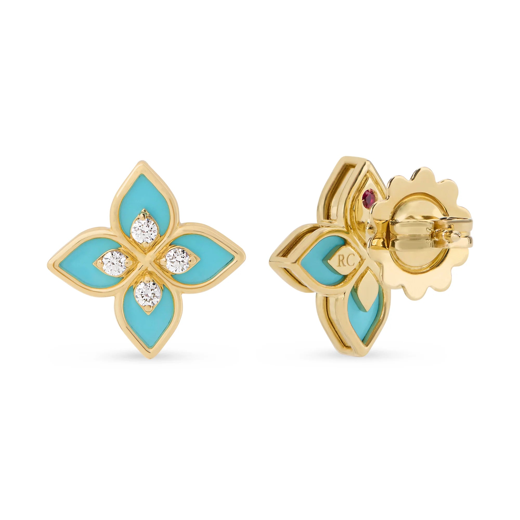 PRINCESS FLOWER EARRINGS FOR CAROUSEL WITH DIAMONDS AND BLUE CERAMIC ENAMEL