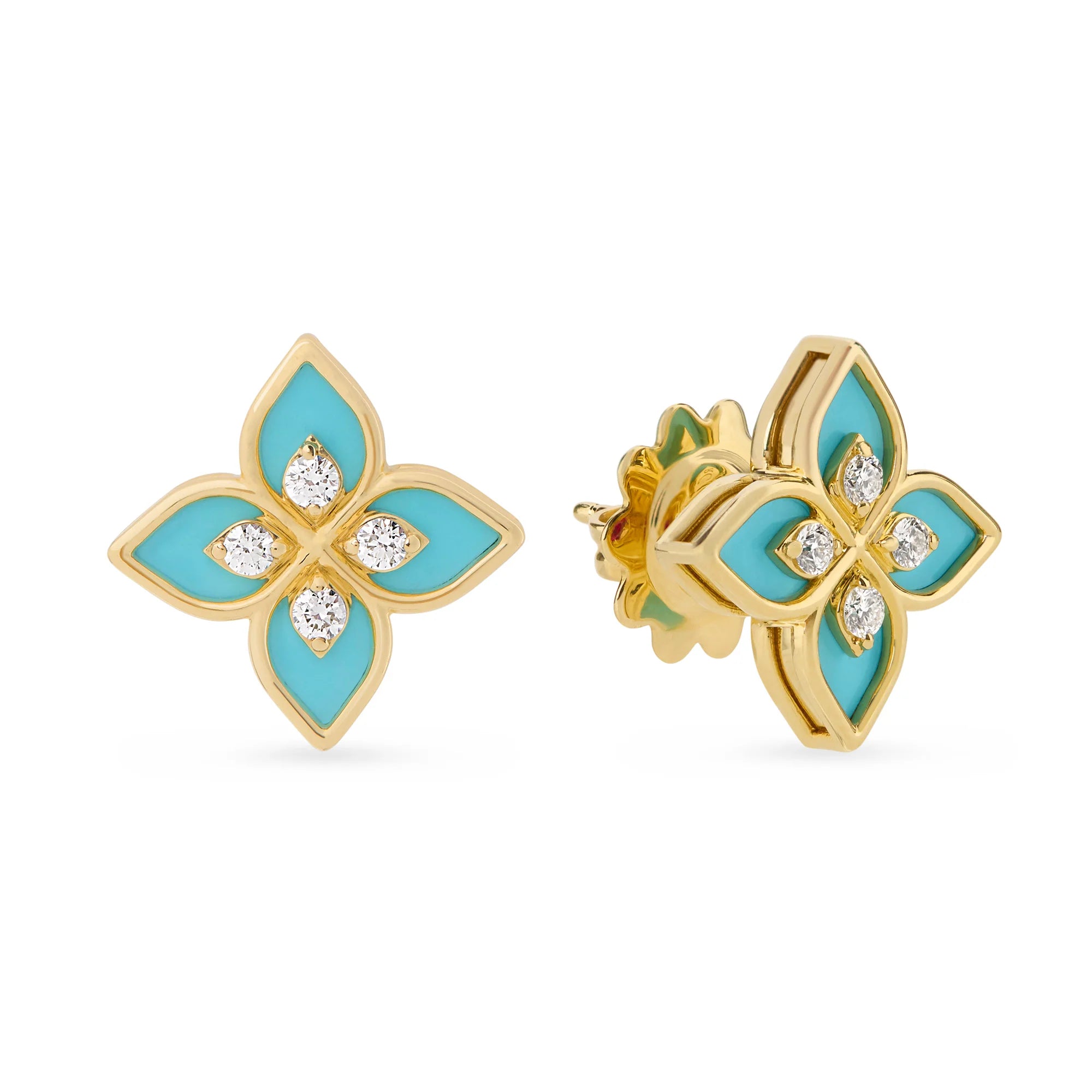 PRINCESS FLOWER EARRINGS FOR CAROUSEL WITH DIAMONDS AND BLUE CERAMIC ENAMEL
