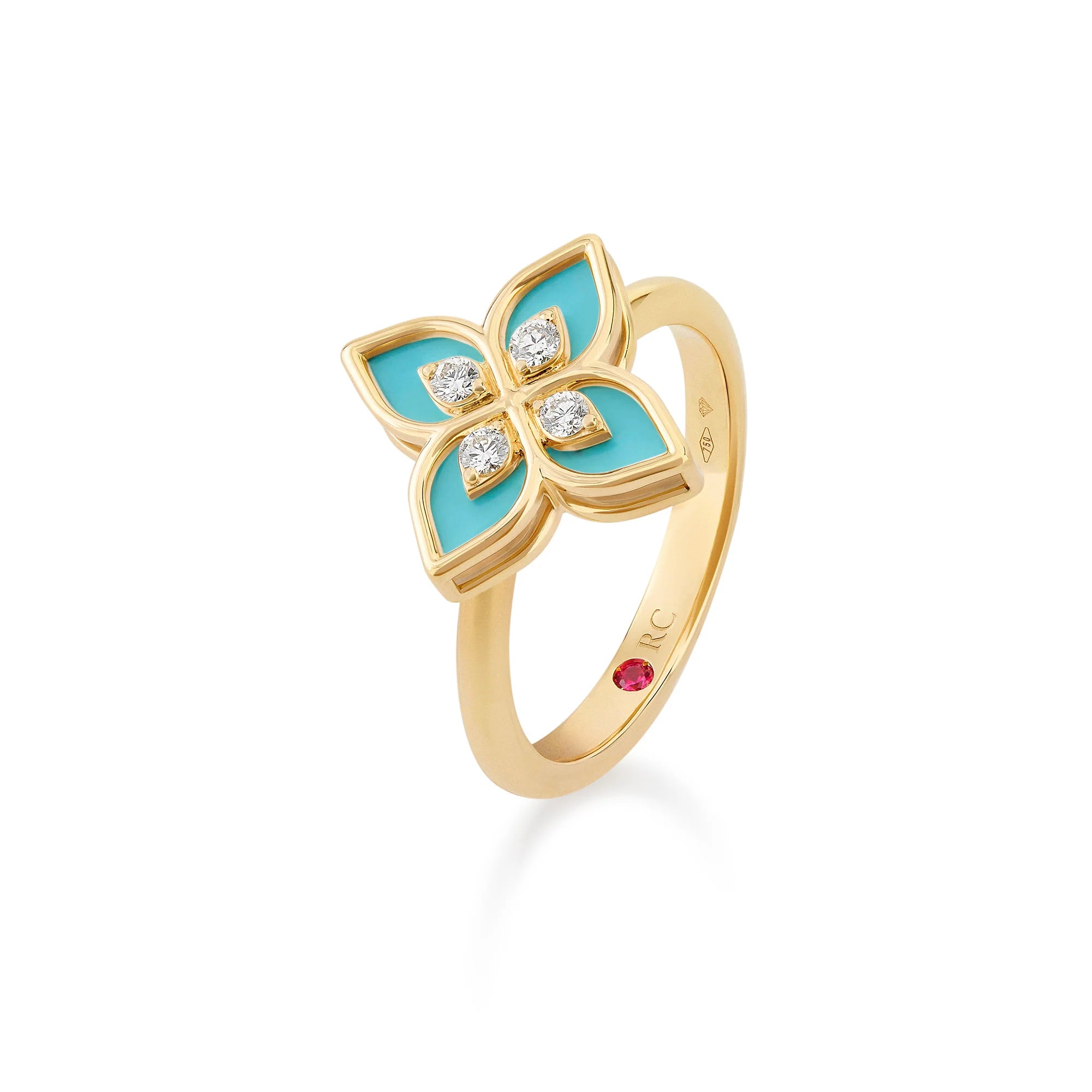 PRINCESS FLOWER RING FOR CAROUSEL WITH DIAMONDS AND BLUE CERAMIC ENAMEL