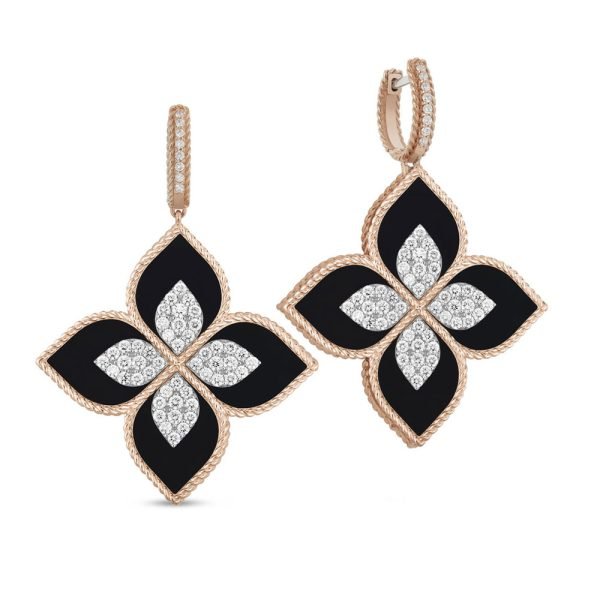 Roberto Coin PRINCESS FLOWER EARRINGS WITH DIAMONDS AND BLACK JADE