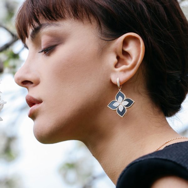Roberto Coin PRINCESS FLOWER EARRINGS WITH DIAMONDS AND BLACK JADE