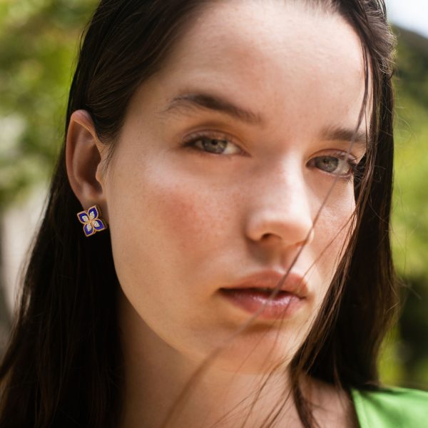 Roberto Coin PRINCESS FLOWER EARRINGS WITH DIAMONDS AND LAPIS