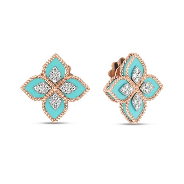 Roberto Coin PRINCESS FLOWER EARRINGS WITH DIAMONDS AND TURQUOISE