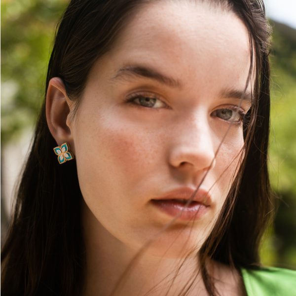 Roberto Coin PRINCESS FLOWER EARRINGS WITH DIAMONDS AND TURQUOISE