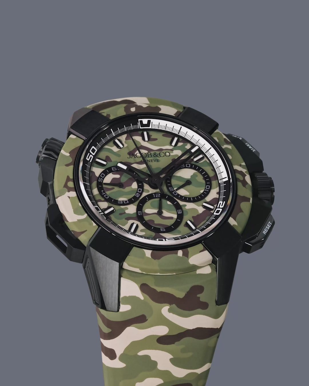 Load video: Jacob &amp; Co. EPIC X CHRONO TRI-COMPAX GREEN CAMO 44MM