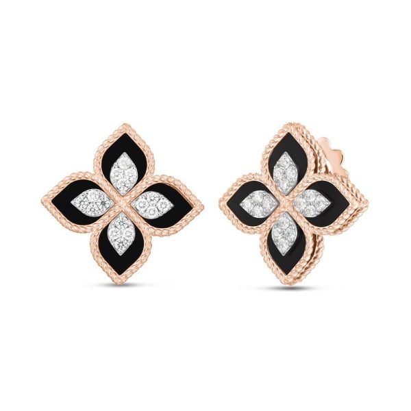 Roberto Coin PRINCESS FLOWER EARRINGS WITH DIAMONDS AND BLACK JADE