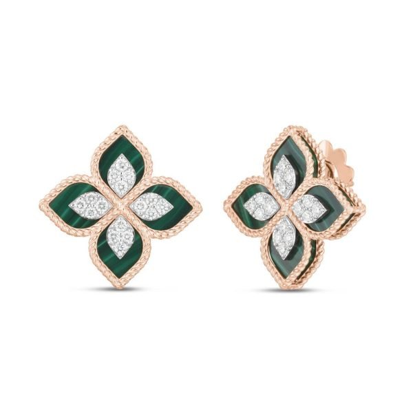 Roberto Coin PRINCESS FLOWER EARRINGS WITH DIAMONDS AND MALACHITE