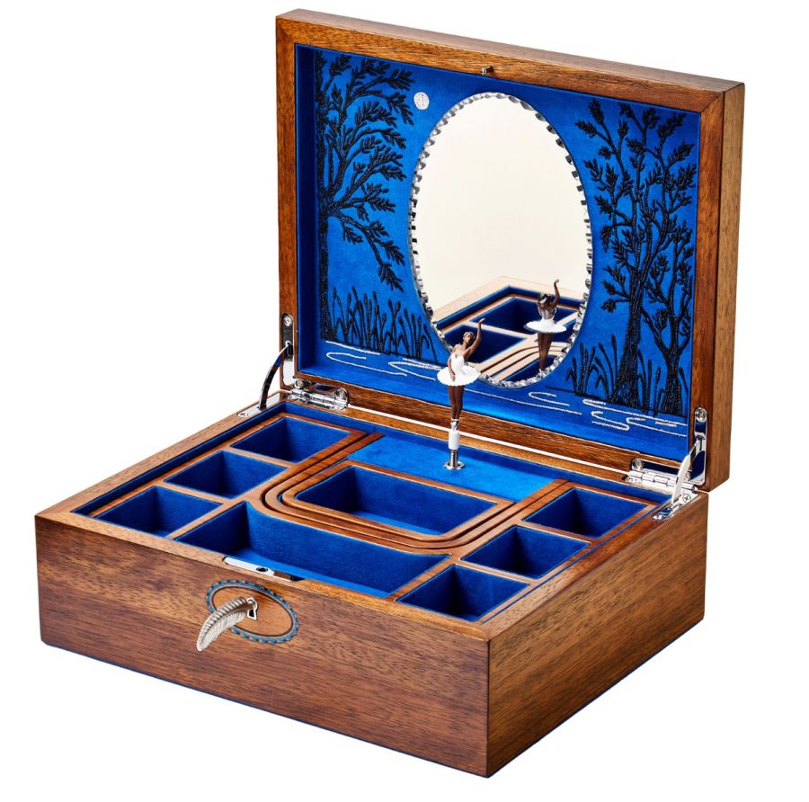 WOLF BALLET MUSICAL JEWELRY BOX – SWAN LAKE WALNUT WOOD